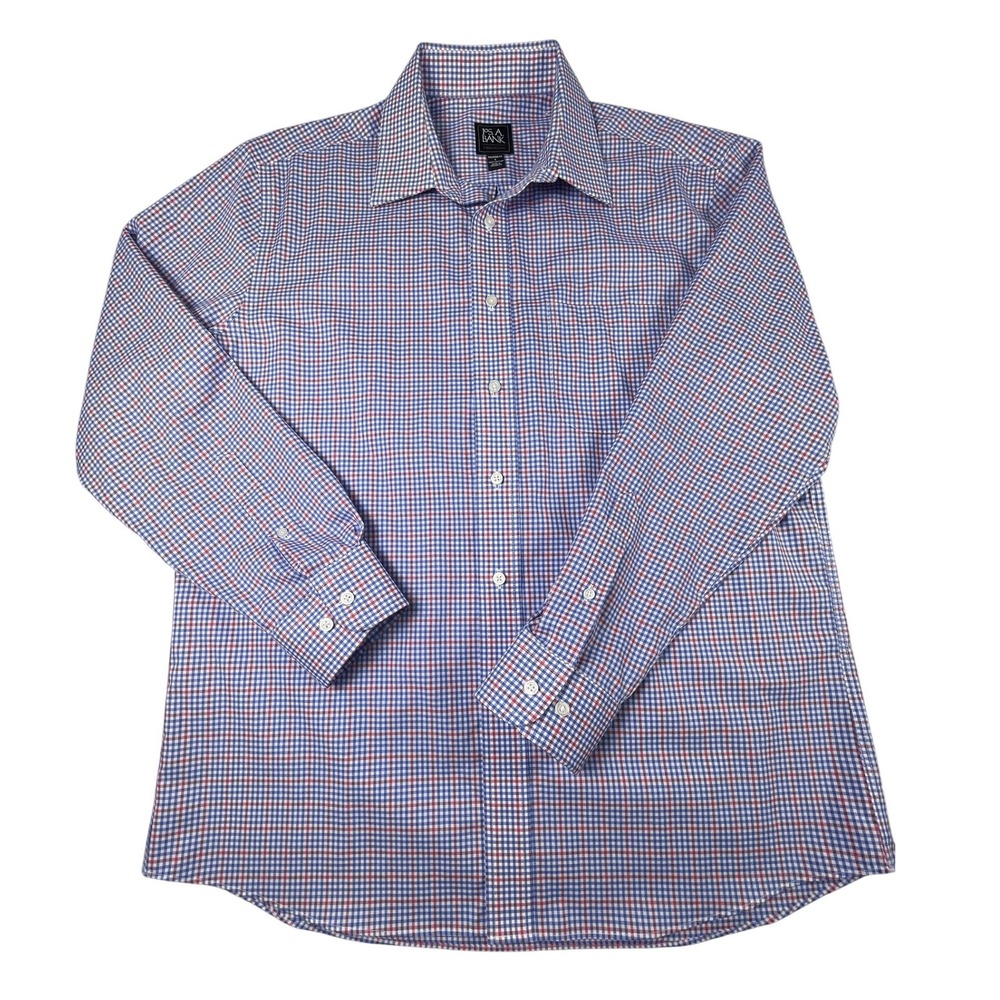 Jos. A. Bank Button Down Mens‎ L Blue Traveler Tailored Fit Tattersall Cotton